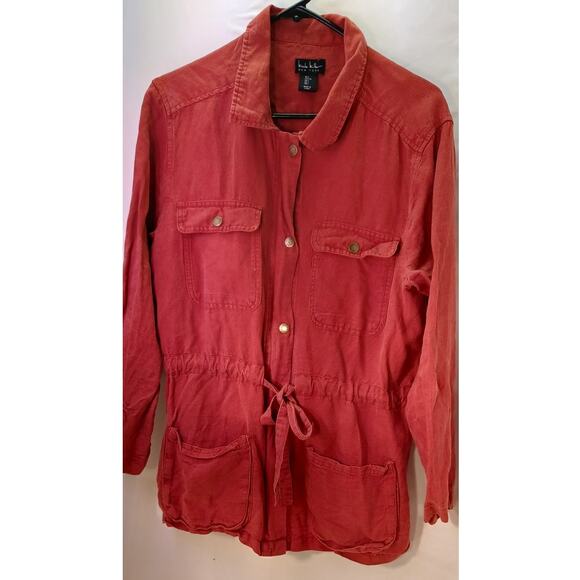 Nicole Miller Large Linen Utility Jacket Rust Red Cargo Drawstring Waist Y2K - Picture 3 of 6